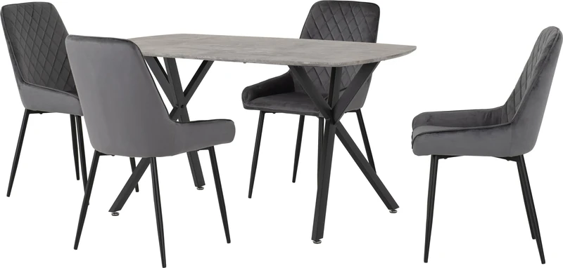 Seconique Athens Dining Table Set with 4 Avery Dining Chairs in Concrete/Grey Velvet