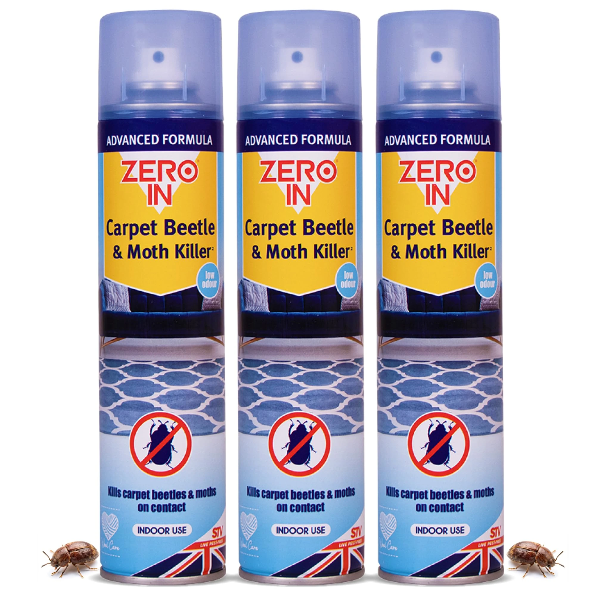 Zero In Carpet Beetle & Moth Killer Spray – Effective Carpet Beetle & Moth Treatment for Carpets, Upholstery & Household Items – Long-Lasting, Odour-Free Formula - Multi Packs 300ml x3