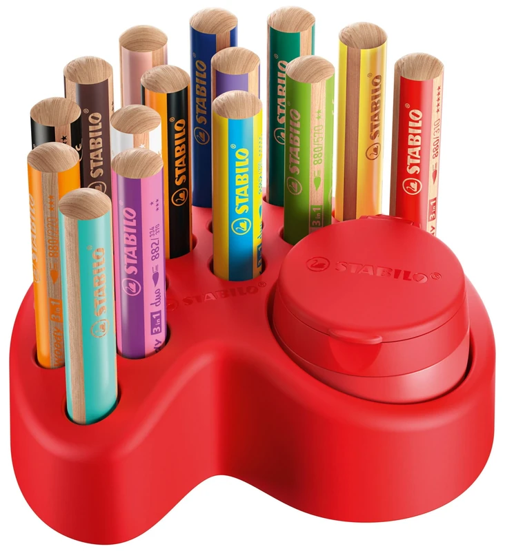 STABILO woody 3-in-1 - Multi-Talented Pencil - Deskset of 15 - with 10 Assorted Colours and Replaceable Container Sharpener