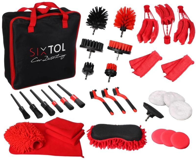 SIXTOL CAR DETAILING 33 | 33pcs Multifunctional Tool kit for Cleaning and Washing The car | Interior/Exteriror | Bodywork | Car Polishing | Red, Black