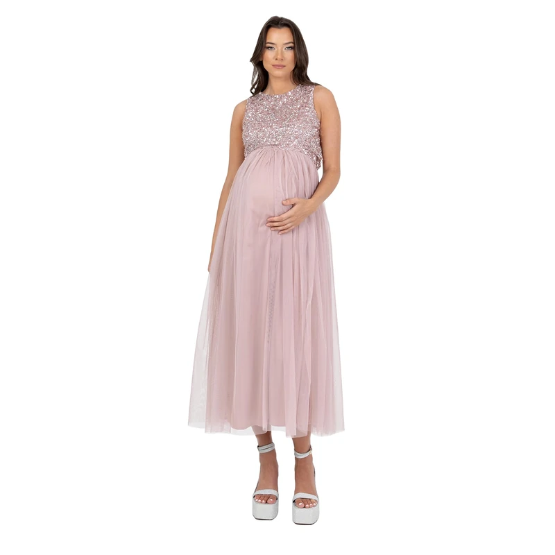 Maya Deluxe Womens Ladies Maternity for Pregnant Wedding Guest Midaxi Sleeveless Sequin Embellished Tulle Crew Neck Bridesmaid Dress, Soft Pink, 12 UK