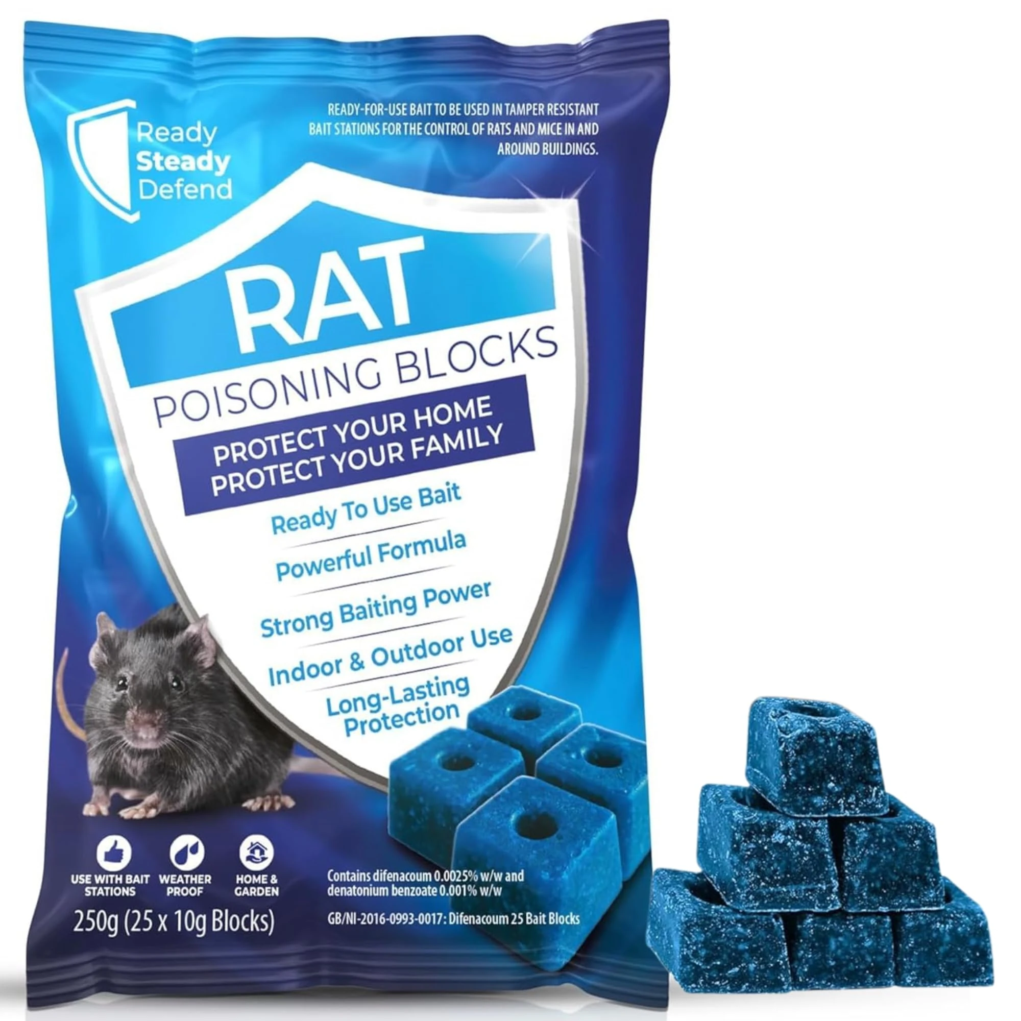 Rat & Mouse Poisoning Block Bait 250g - Super Strength Rat Poison for Big Pest Control, Effective Rat Poisoning, Killer Bait Blocks for Indoor & OutdoorUse