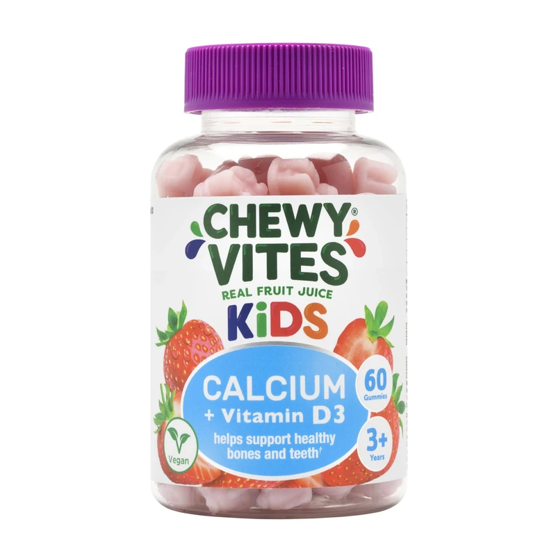 Chewy Vites Kids Calcium and Vitamin D3, 60 Kids Calcium Gummies, Help Support Healthy Bones and Teeth, 2 Months Supply, Real Fruit Juice, Vegan, Age 3 +, Strawberry Flavour