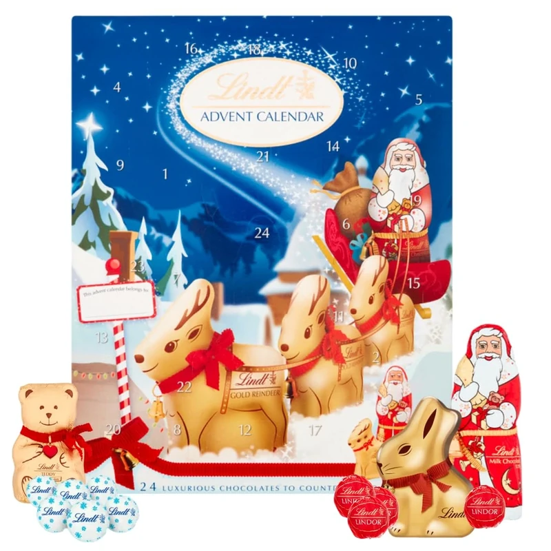 Lind'ts Advent Calendar 2025 | 160g Milk Chocolate Reindeer, Santa, Napolitians, Snowdrops, and Lindor Mini Truffles | Perfect Christmas Advent Calendar with gift tag