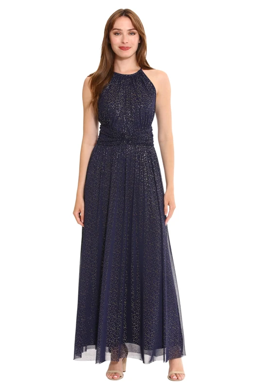 London Times Women's Dresses Mesh Halter Maxi with Ruched Waistband Event Guest of Occasion Garden Party Homecoming, Gold/Navy, 22 Plus