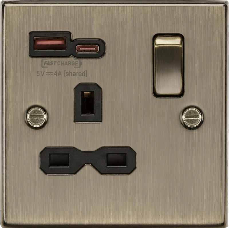 13A 1G SP Switched Socket with Dual USB Charger A+C [Max. 18W QC/PD FASTCHARGE] - Antique Brass