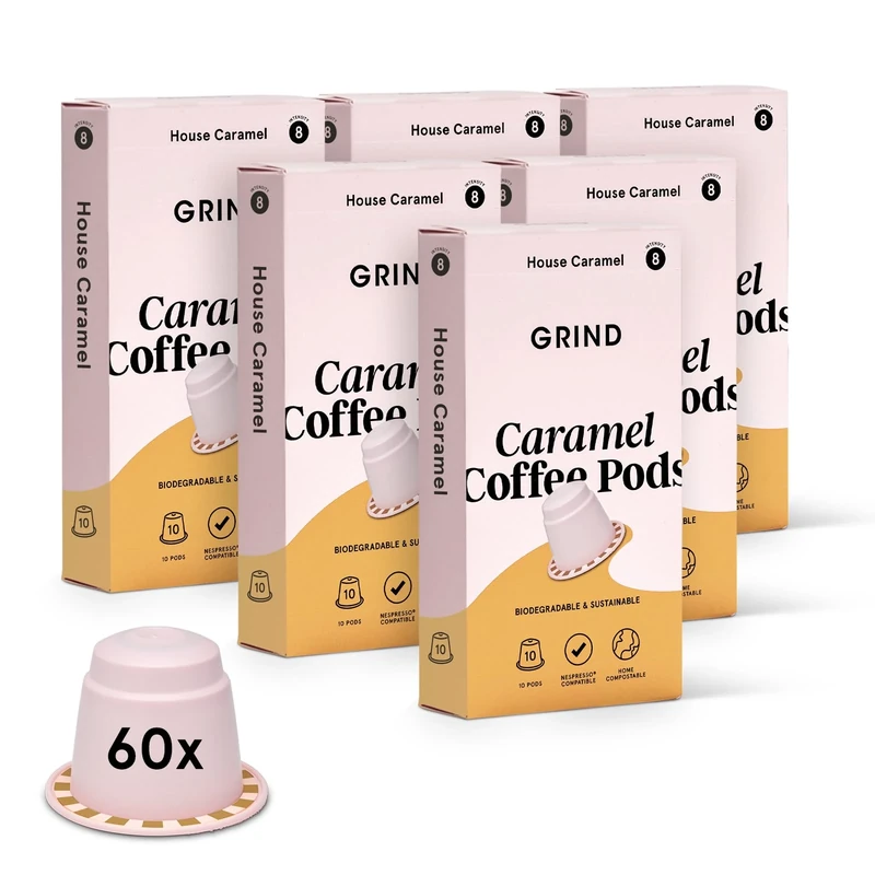Grind Caramel Coffee Pods – Pack of 60 Biodegradable Capsules – 100% Arabica – Nespresso® Original Compatible – Home Compostable – Barista Quality and Specialty Grade – Medium Roast