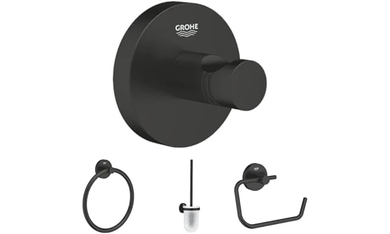 GROHE QuickFIx Bathroom Accessories 4 in 1 Set (Robe Hook, Towel Ring, Toilet Brush Set, Toilet Roll Holder Without Cover), Black Matt