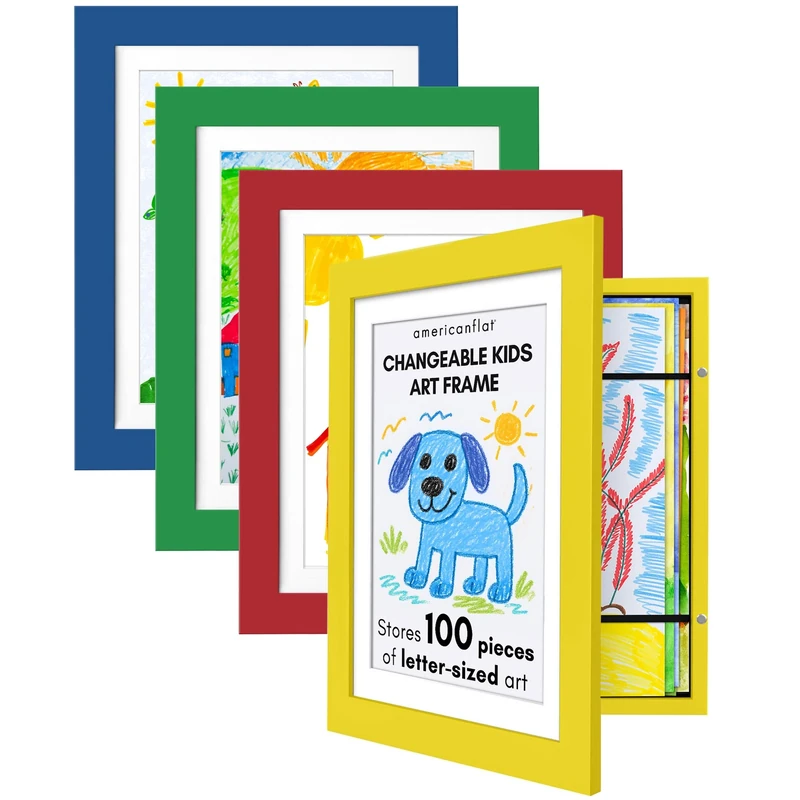 Americanflat Front Loading Kids Art Frame in Primary Colors - 8.5x11 Frame with Mat and 10x12.5 Without Mat - Kids Artwork Frames Changeable Display - Frames for Kids Artwork Holds 100 Pcs - Set of 4