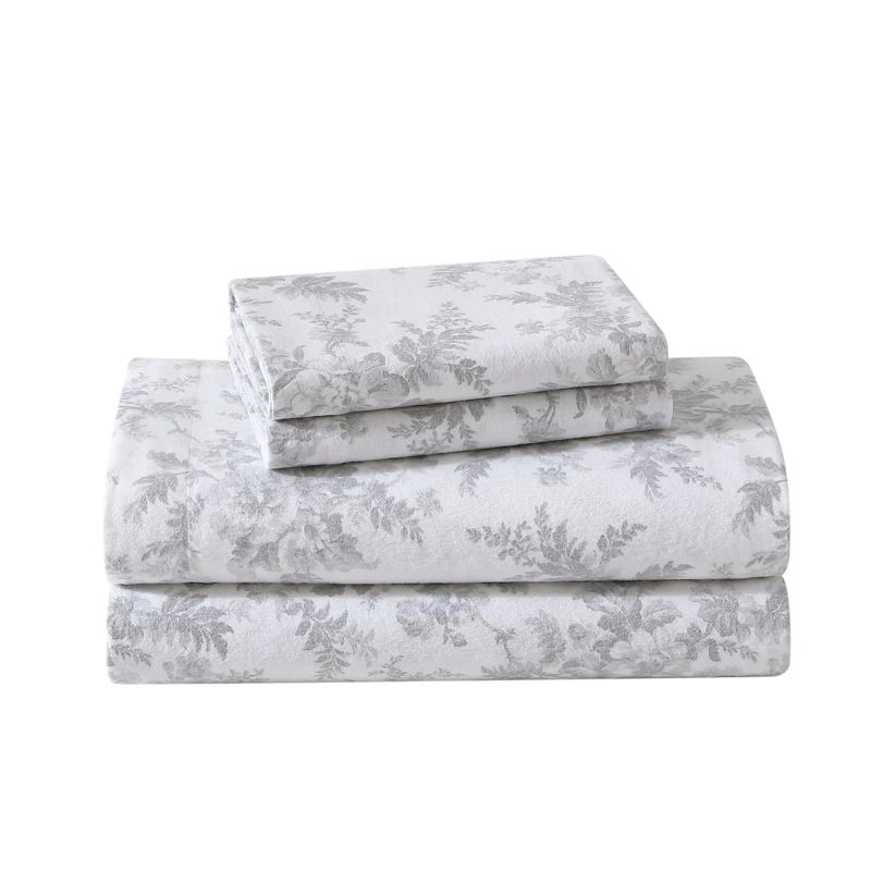 Laura Ashley - King Sheet Set, Cotton Flannel Bedding, Brushed for Extra Softness & Comfort (Vanessa Grey, King)