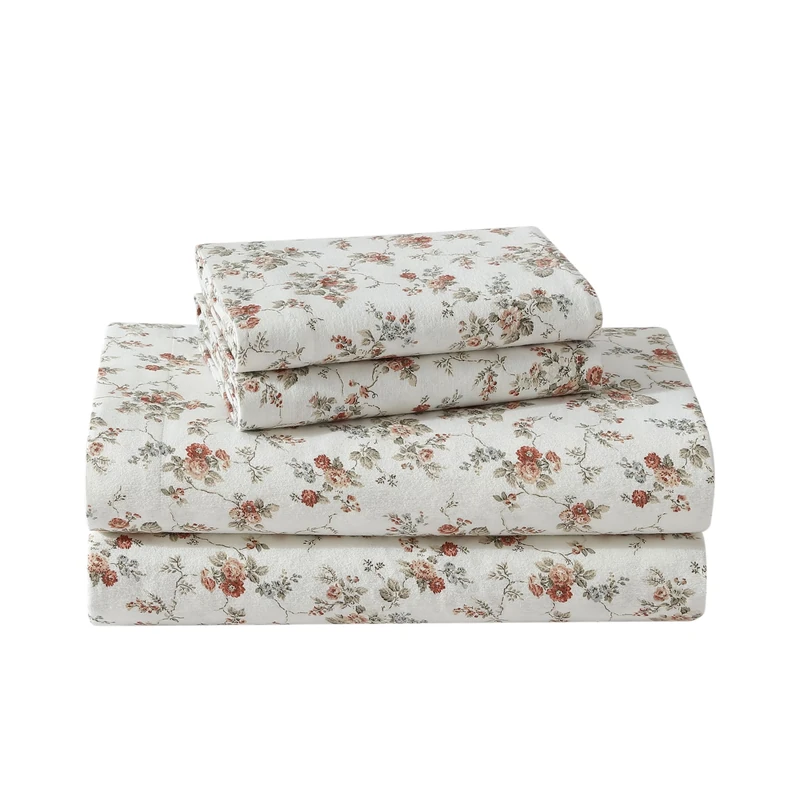 Laura Ashley - Queen Sheet Set, Cotton Flannel Bedding, Brushed for Extra Softness & Comfort (Le Fleur Orange, Queen)