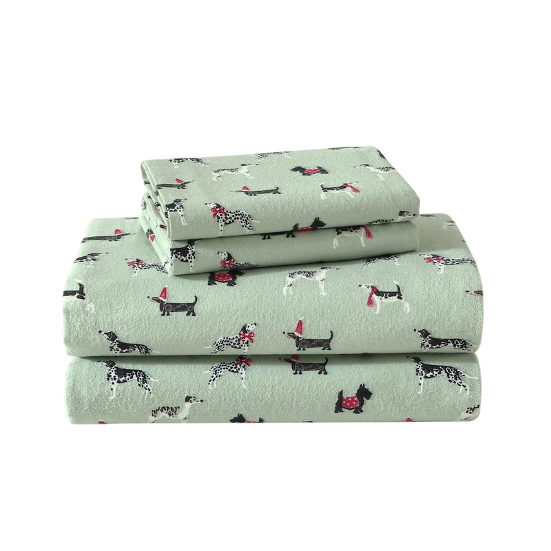 Laura Ashley - King Sheet Set, Cotton Flannel Bedding, Brushed for Extra Softness & Comfort (Holiday Pups Green, King)