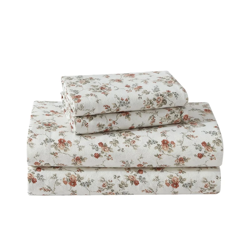 Laura Ashley - King Sheet Set, Cotton Flannel Bedding, Brushed for Extra Softness & Comfort (Le Fleur Orange, King)