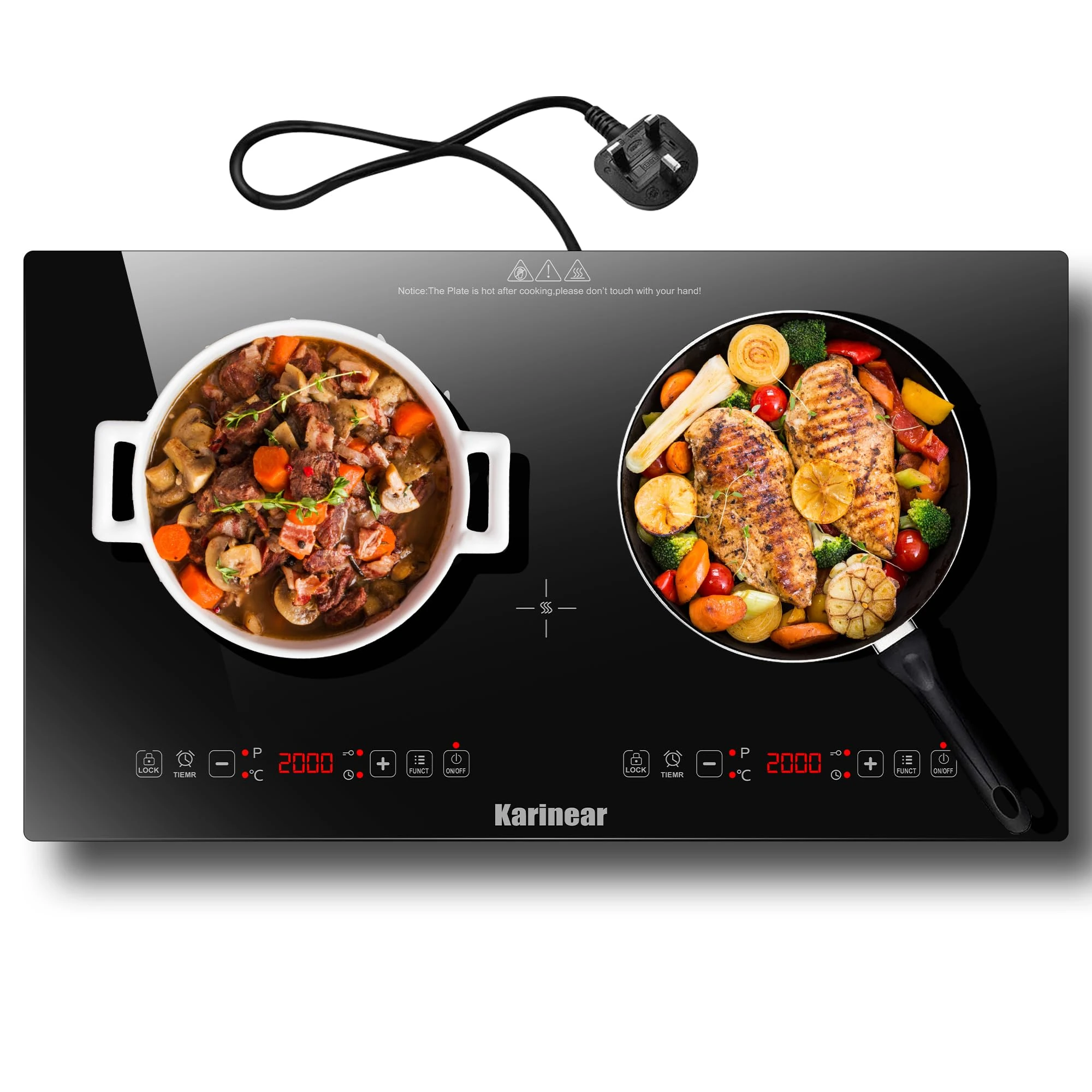 Karinear Double Ceramic Hob, 13AMP Plug in Ceramic Hob with LED Display, 2 Ring Electric Hob with 4-Hour Timer,up to 1600W Power, Safety Lock