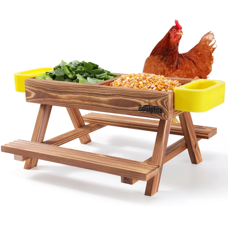 Boulphia Chicken Feeders and Waterers - No Waste Kit with Picnic Table and 2 Water Feeders, Handmade Wooden Chicken Supplies & Accessories for Coop