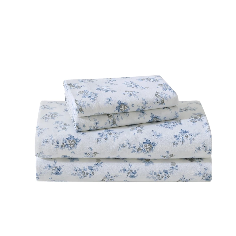 Laura Ashley - Full Sheet Set, Cotton Flannel Bedding, Brushed for Extra Softness & Comfort (Audrey Blue, Full)