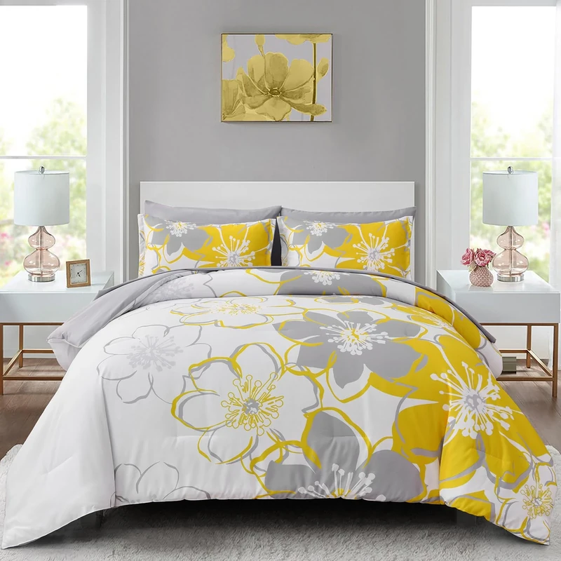 Yellow Floral Comforter Set King Size 7 Pieces Reversible Bed in a Bag with Sheets Set for All Season, Soft Microfiber Complete Bedding Set King (104"x90")