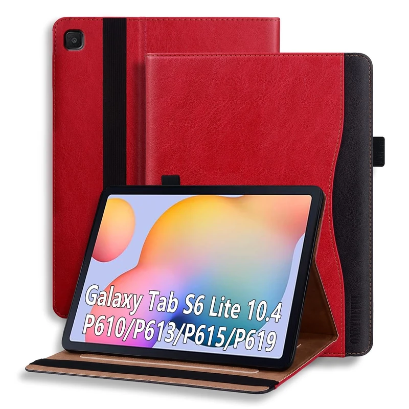ONETHEFUL Case for Samsung Galaxy Tab S6 Lite 10.4 2022/2020 SM-P610/P613/P615/P619, Premium PU Leather Folding Stand Protective Case with Document Slots, Auto Sleep/Wake Red