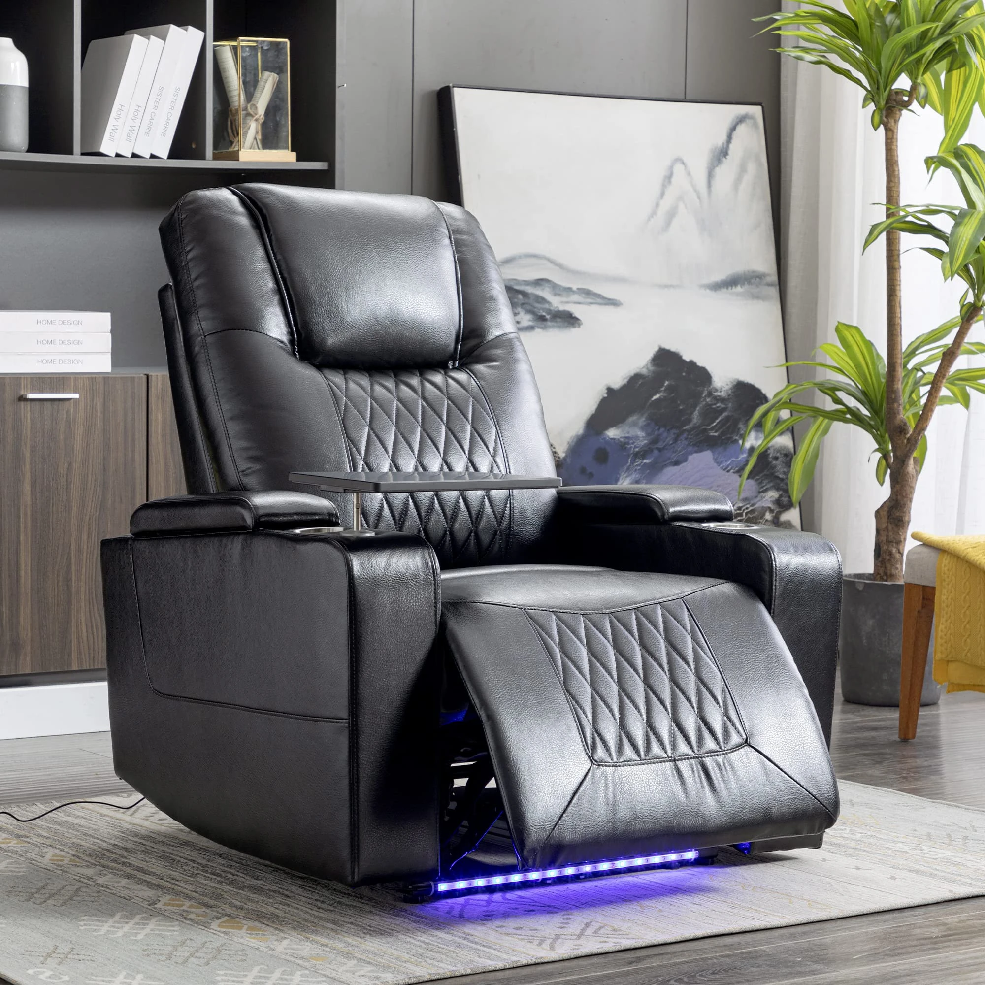 Merax Recliner Armchair with USB Charge Port, 360 Swivel Tray Table, Hand In-Arm Storage, Cup Holders, Ambient Lighting, Gaming Chair, Reclining Chairs For Home Living Room Theater (Black)