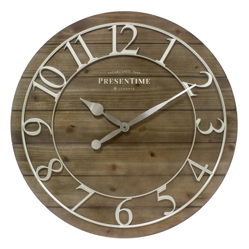 Presentime & Co Vintage Farmhouse Shiplap Clock, 19.5 inch, Silver Arabic Numerals with Weathered Pine Wood Shiplap Style. Large Farmhouese Decor for Living Room, Entryway, Home Office, Wall Décor