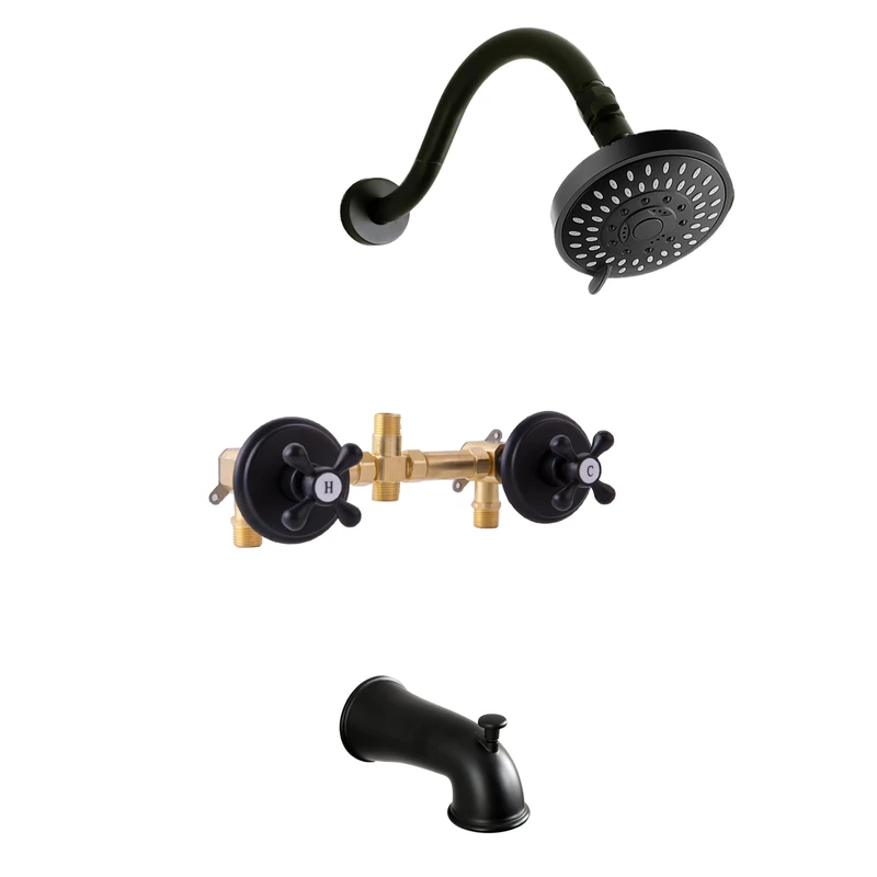 BEIYI BY2H003 2 Handle Bath Shower Faucet, Matt Black Two Handle Shower Tap Set, 5 Mode Shower Head Tap Sets Complete