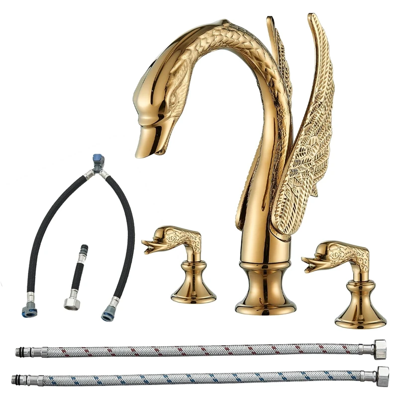Vidugg Gold Swan Bathroom Sink Faucet 3 Holes Widepspread Bathroom Faucet Double Swan Handles Basin Faucet Sink Mixer Tap Bathroom Vanity Faucets Contemporary Sink