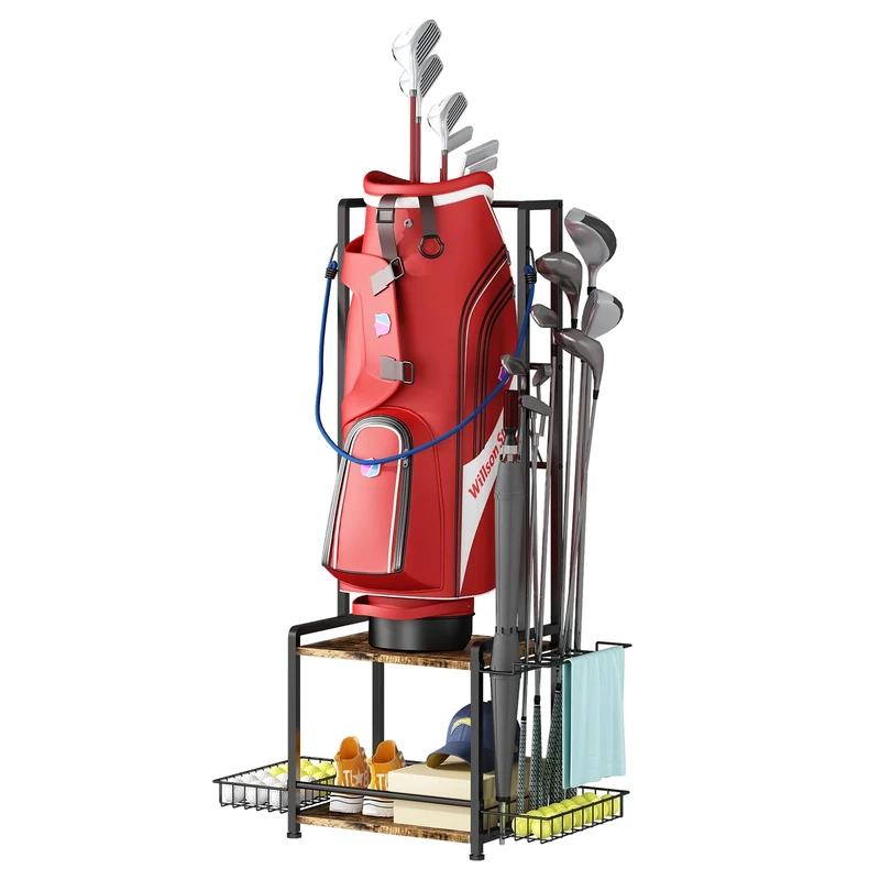 GILLAS Golf Bag Storage Garage Organizer,2 Tier Golf Bags Organizer Stand Rack, Wooden Golf Clubs Bag Organizer Single, Golfing Equipment Accessories,Club, Shed, Basement