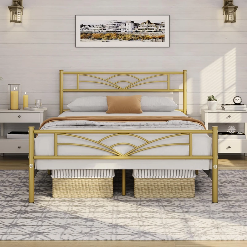 Yaheetech 4ft6 Double Bed Solid Bed Frame with Cloud-inspired Design Headboard and Metal Bed Slats, Ample Under-bed Storage Antique Gold