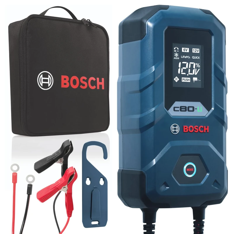 Bosch C80-Li Battery Charger - 15 Amps with Trickle Function - For 6V/12V Lead-acid, AGM, EFB, GEL, SLI and 12V Lithium (LiFePO4) Batteries, Comes with a UK Style Plug