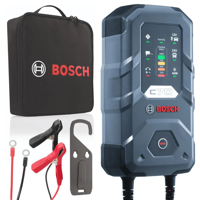 Bosch C70 Battery Charger, 10 Amps with Trickle Function - For 12V/24V Lead-acid, EFB, GEL, AGM and SLI Batteries, Comes with a UK Style Plug