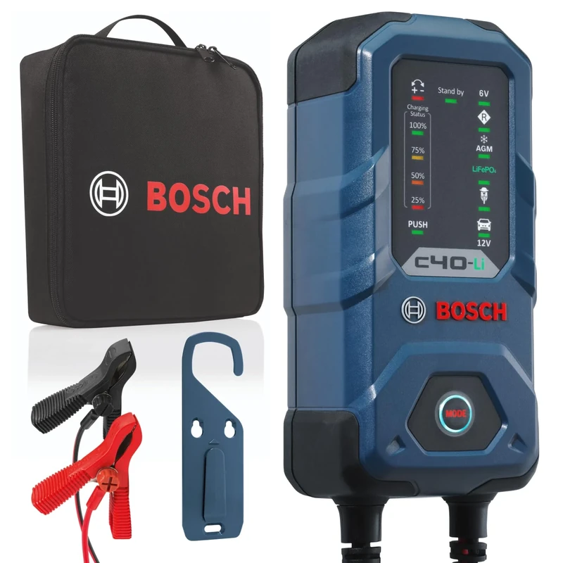Bosch C40-Li Battery Charger, 5 Amps with Trickle Function - For 6V/12V Lead-acid, AGM, EFB, GEL, SLI and 12V Lithium (LiFePO4) Batteries, Comes with a UK Style Plug