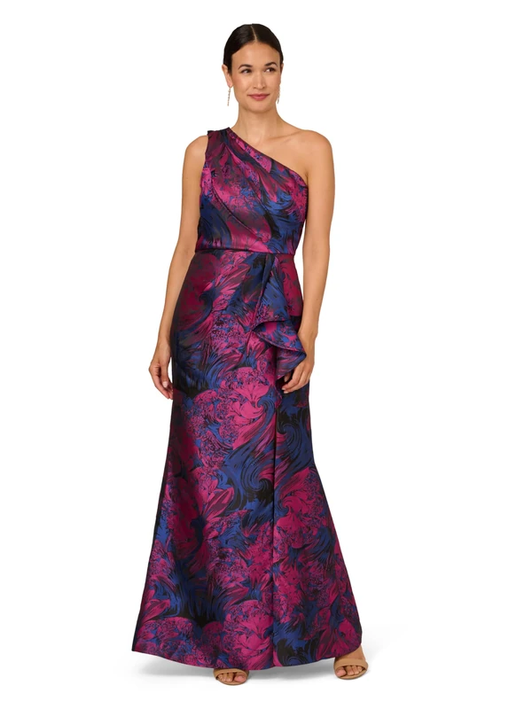 Adrianna Papell Women's One Shoulder Jacquard Gown Special Occasion Dress, Navy/Orchid, 8