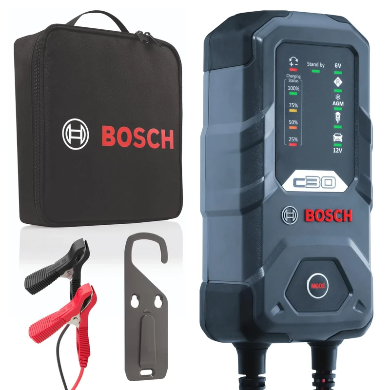 Bosch C30 Battery Charger, 3.8 Amps with Trickle Function - For 6V/12V Lead-acid, EFB, GEL, AGM and SLI Batteries, Comes with a UK Style Plug