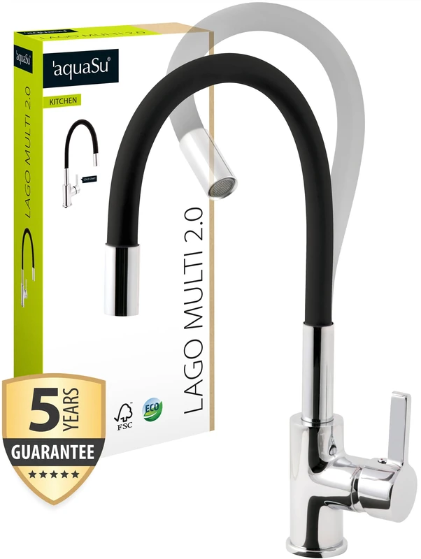 AquaSu 795913 Lago Multi 2.0 Kitchen Tap with Water-Saving Mixer Nozzle, Cold Water Position, Chrome/Black Sink Tap with Flexible and Swivel Spout, Top Fitting