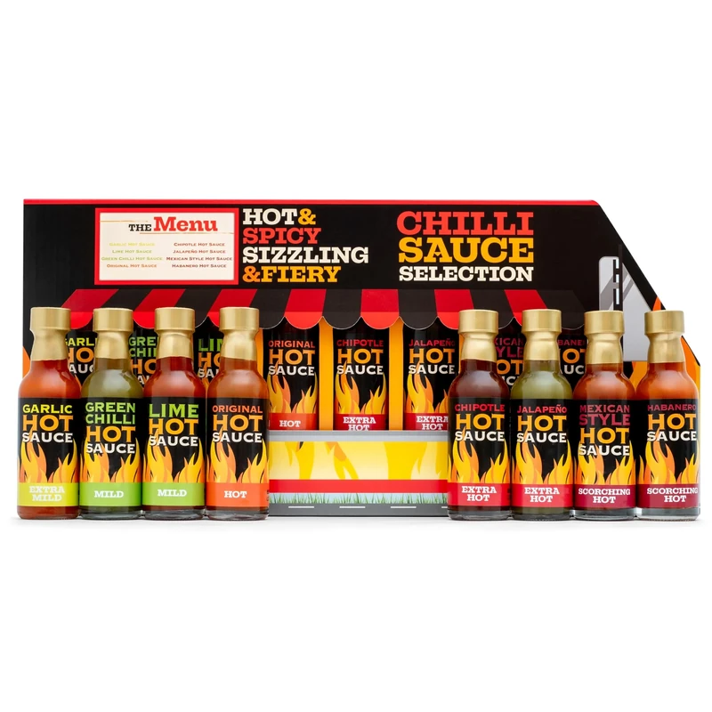 Hot Sauce Gift Set - Chilli Sauce Selection 8 Pack Including Sriracha, Tabasco, Naga and More Spicy Challenge Birthday Food Gifts for Men, Unique Mens Gift, Boyfriend, Dad Foodie Gifts, Valentines
