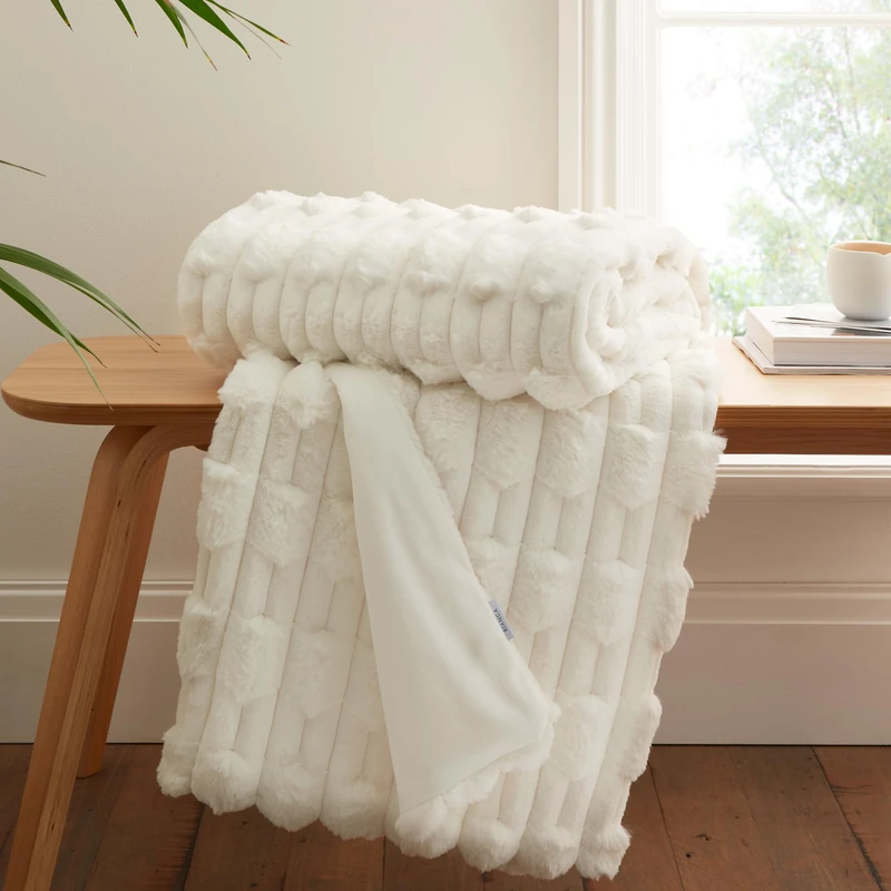 Bianca Carved Faux Fur 150x200cm Blanket Throw Cream