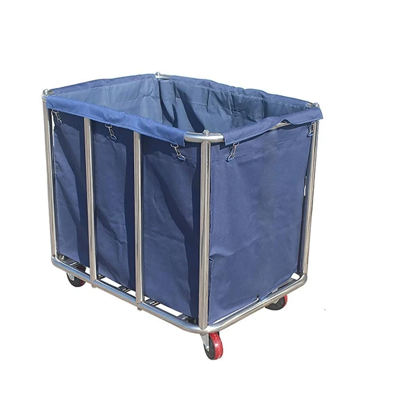 Service trolley hotel laundry machine sorting trolley silent wheel detachable Oxford bag easy to clean stainless steel (Blue)