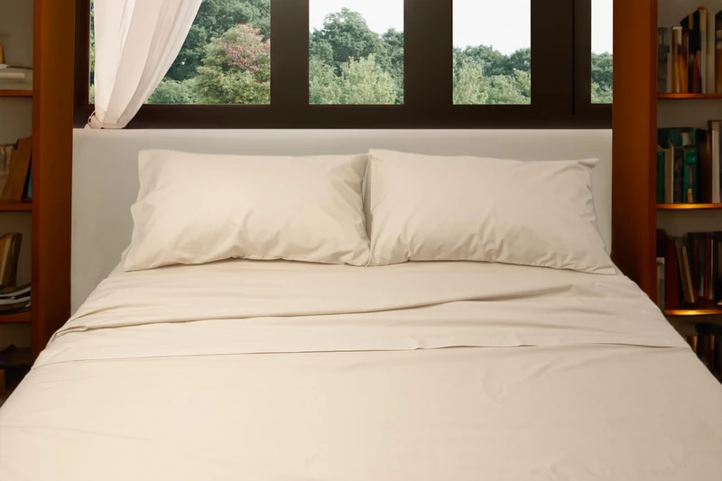Basile Milano - Pure Cotton Percale Plain Beige Double Bed Sheet Set