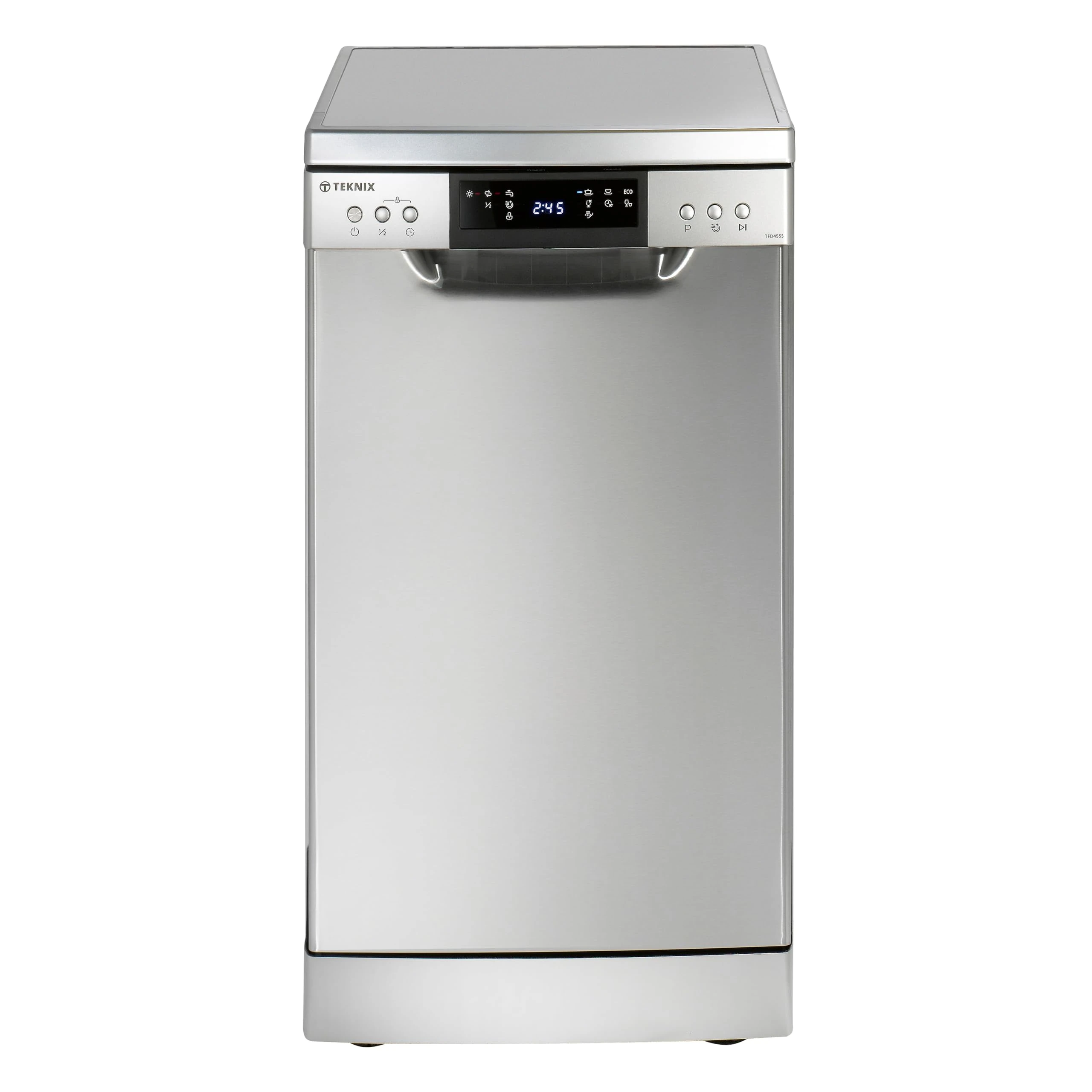 Teknix TFD455S Slimline Freestanding Dishwasher - 9 Place Settings - 30 Minute Rapid Clean - Extra Dry Function - Silver, H84.5 x W45.0 x D60.0 (cm)