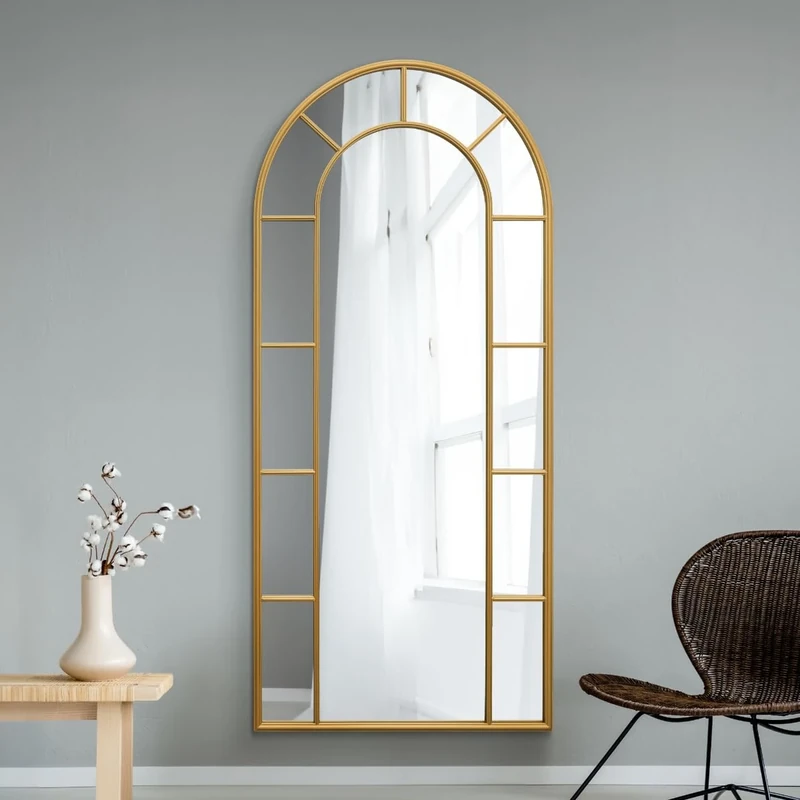 MirrorOutlet The Arcus - Gold Framed Modern Full Length Arched Leaner/Wall Mirror 75" X 33" (190CM X 85CM) Silver Mirror Glass with Black All weather Backing.