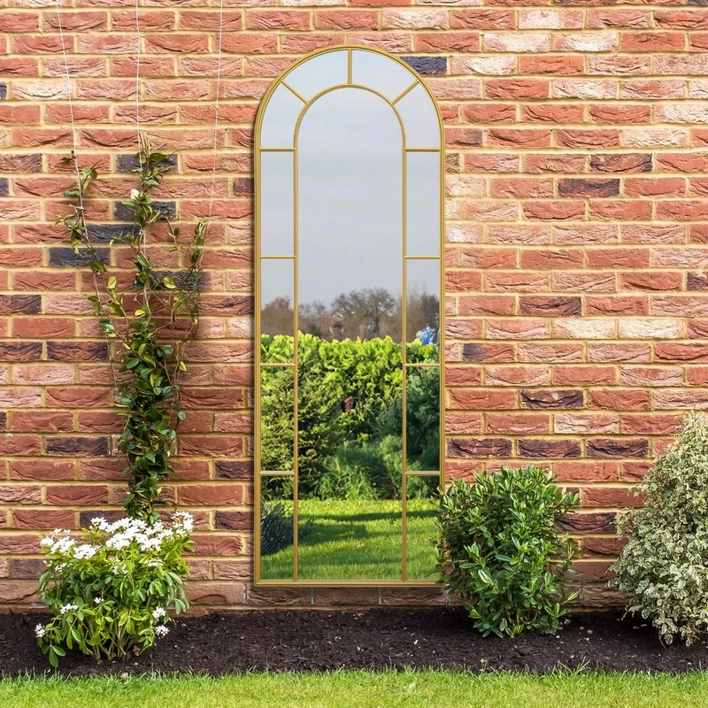 MirrorOutlet The Arcus - Gold Framed Modern Full Length Arched Leaner Garden Wall Mirror 67" X 24" (170CM X 60CM) Silver Mirror Glass with Black All weather Backing.