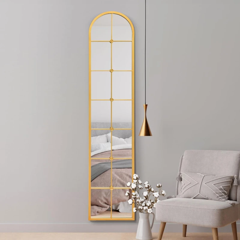 MirrorOutlet The Arcus - Gold Framed Modern Full Length Arched Leaner Wall Mirror 75" X 16" (190CM X 40CM) Silver Mirror Glass with Black All weather Backing.