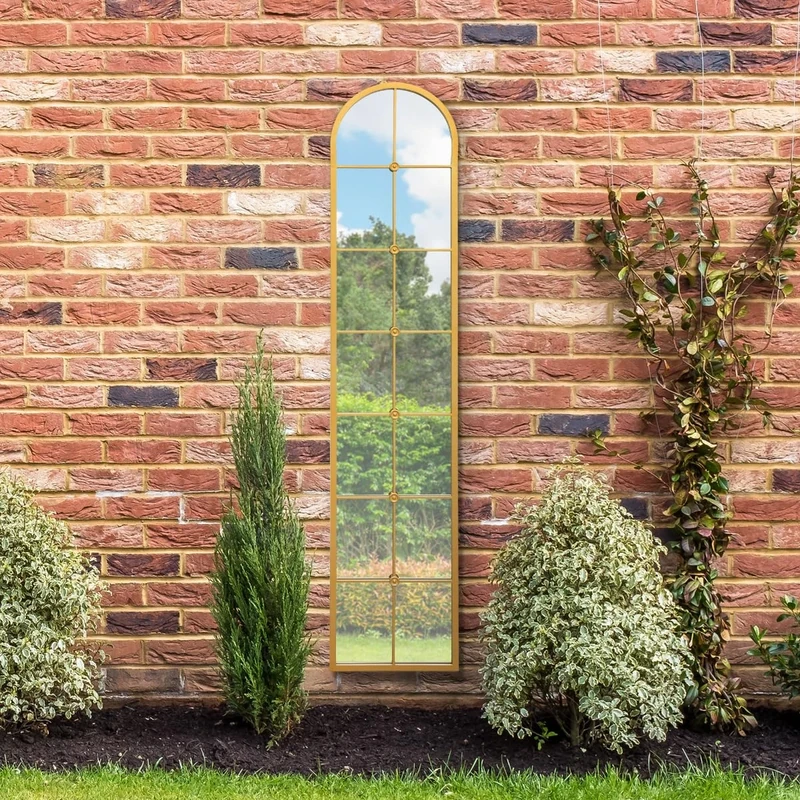 MirrorOutlet The Arcus - Gold Framed Modern Full Length Garden Arched Leaner Wall Mirror 75" X 16" (190CM X 40CM) Silver Mirror Glass with Black All weather Backing.