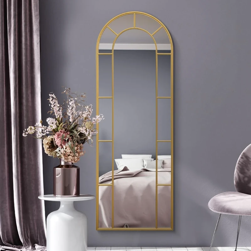 MirrorOutlet The Arcus - Gold Framed Modern Full Length Arched Leaner/Wall Mirror 67" X 24" (170CM X 60CM) Silver Mirror Glass with Black All weather Backing