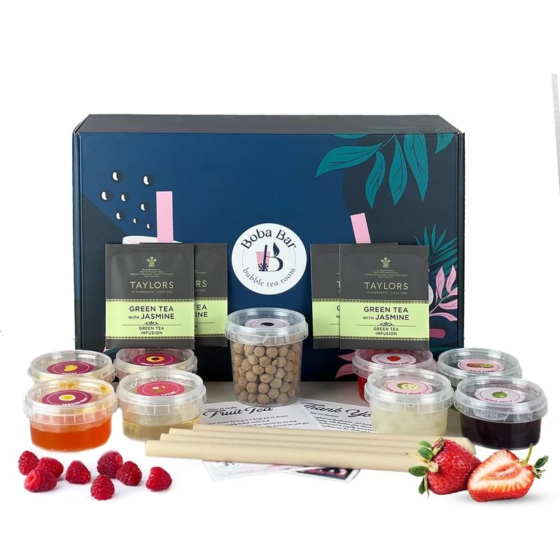 BOBA BAR Exotic Escapades Fruit Bubble Tea Kit (Serves 4 x 500 Ml Drinks) - Fruit Tea Flavours, Popping Boba & Jelly Toppings | Vegan & Gluten-Free | Tapioca Pearls & Tea Bags
