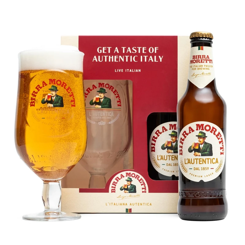 Beer Gifts For Men - Birra Moretti 330ml Bottle 4.5% ABV & Premium Glass - Official Licensed Lager Gift Set, Birthday Gifts for Men, Hamper Presents for Him, Alcohol Gift Sets, Valentines Day
