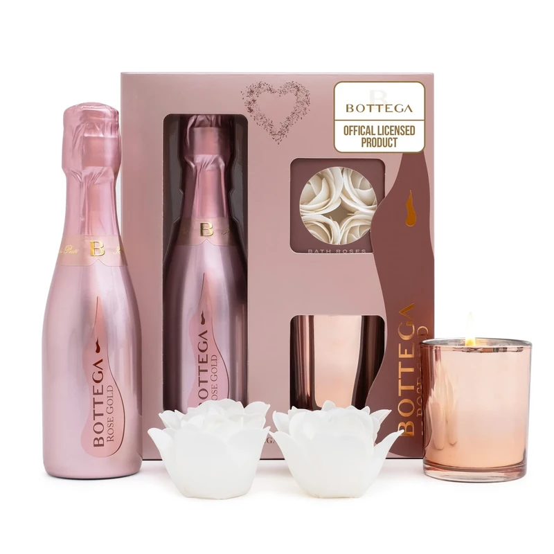 Bottega Rose Brut Sparkling Wine Gift Set - Bottega Rose 200ml 11.5% ABV, Scented Candle & Luxury Bath Roses, Pamper Gifts For Women - Alcohol Gift Sets for Ladies, New Mum Gifts, Mothers Day