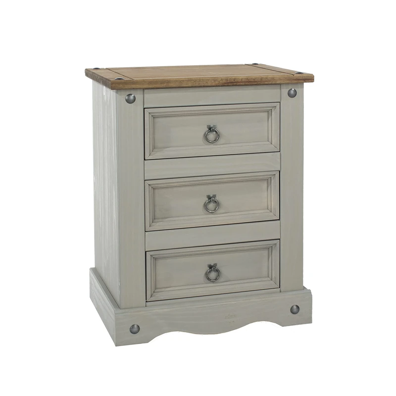 Home Source Solid Pine Wood Distressed Waxed 3 Drawer Bedside Nightstand, Grey