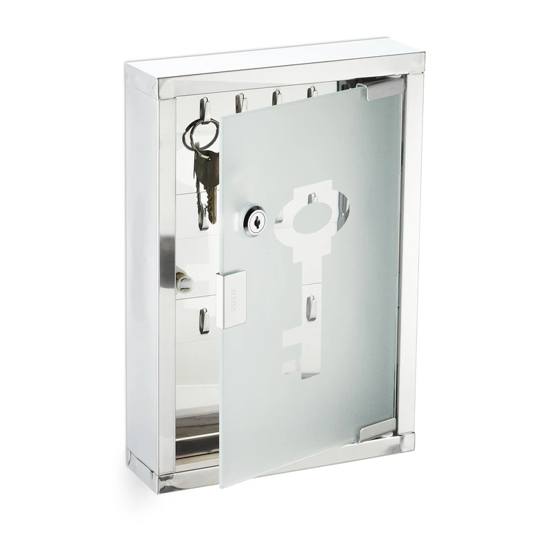 Relaxdays Lockable Cabinet, Box for Walls, Stainless Steel Key Case, HBT: 32x22x6 cm, Silver, Steel, 32 x 22 x 6 cm