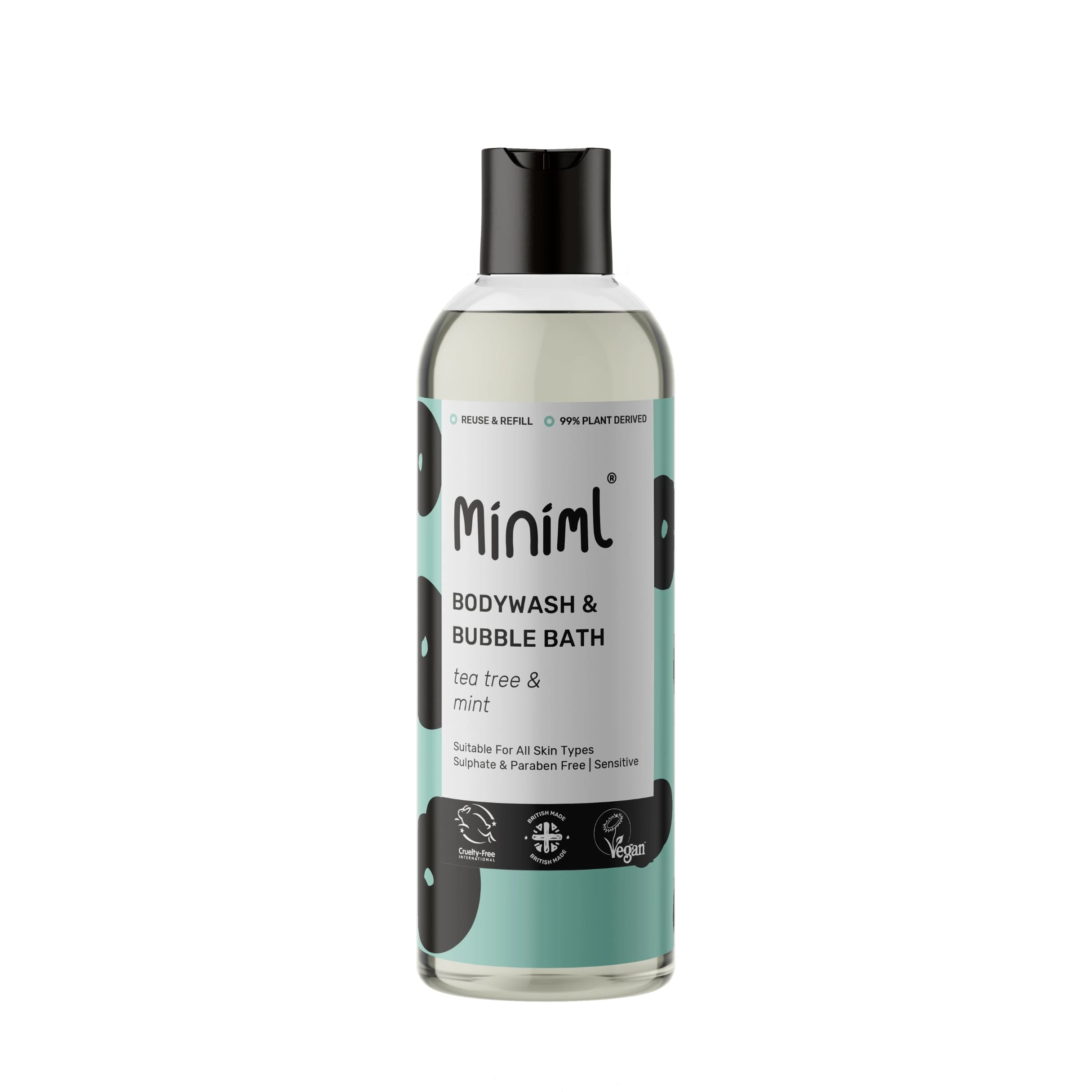 Miniml All Natural Body Wash and Bubble Bath - 500ml Moisturising Tea Tree & Mint Sensitive Skin Eco Shower Gel Bath Soak - Vegan Friendly High Foam